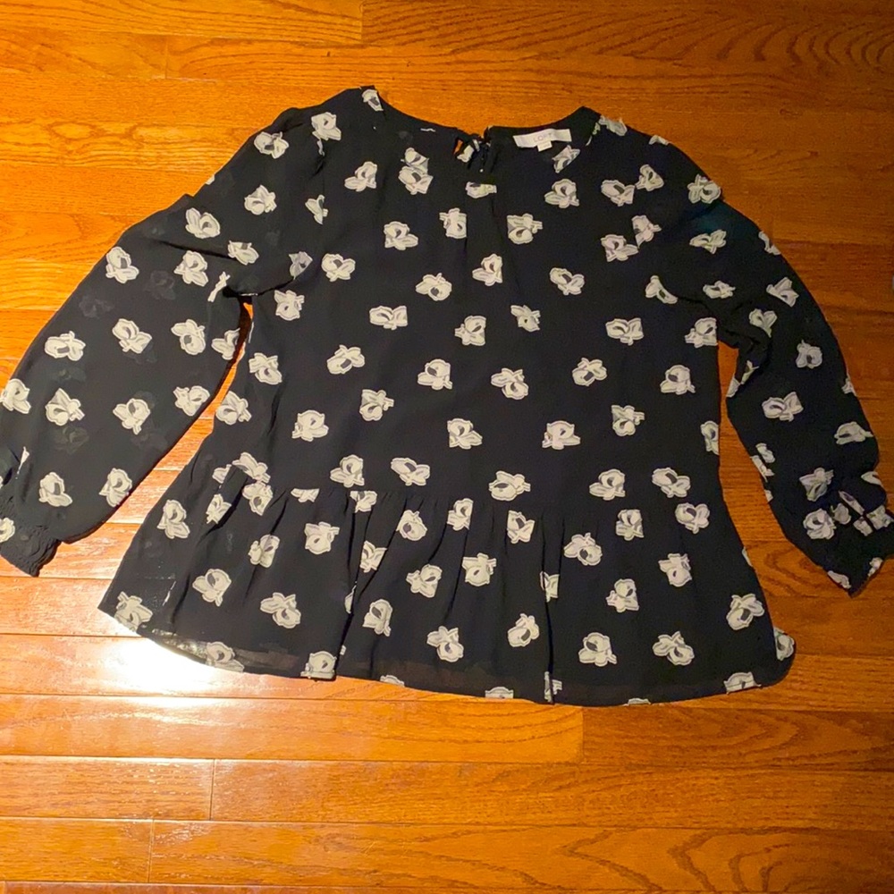 Loft Black Flower Blouse Top L